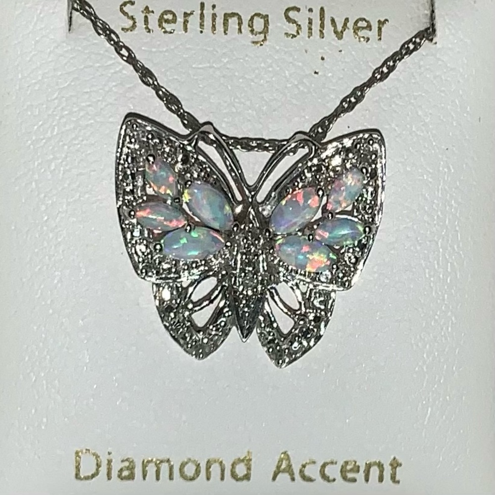 Butterfly Pendant Sterling Silver with Diamond Accents and Lab-Created Opals